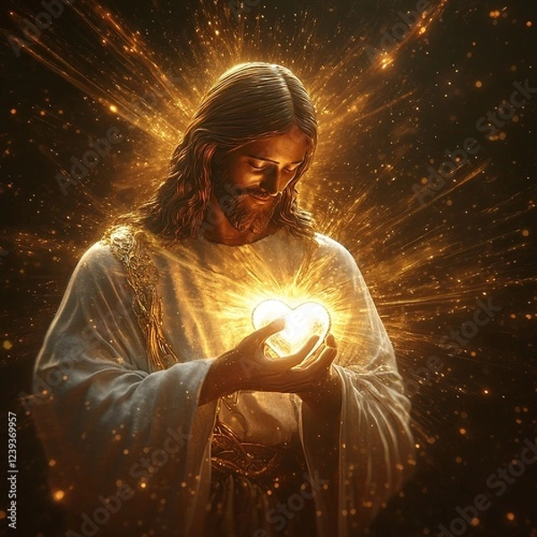 Fototapeta Adorable 3D depiction of Jesus Christ holding a heart, radiating love and warmth with a soft, gentle expression.


