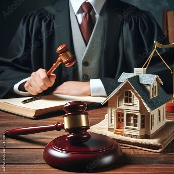 Obraz The judge is auctioning real estate, using a wooden gavel, and a house model.