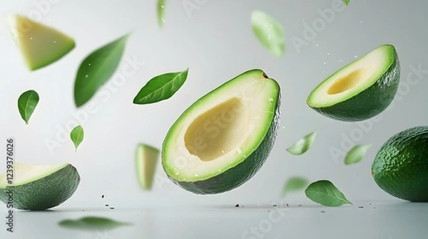 Obraz Sliced ​​Avocado Floating with Water Drops, Abstract Image, Texture, Pattern Background, Wallpaper, Cover and Screen for Smartphone, PC, Laptop, 9:16 and 16:9 Format