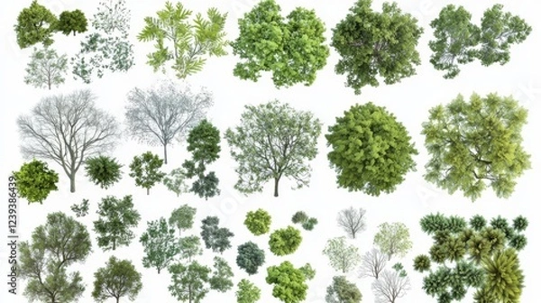 Fototapeta A set of trees rendered from a top view, 3D illustration, suitable for digital composition, illustration, 2D plans, and architecture visualization