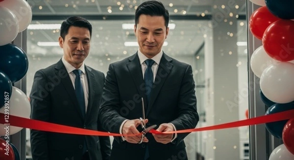 Fototapeta New Business open, Grand Opening of new bussines, bussinesman cutting ribbon , start of business concept 