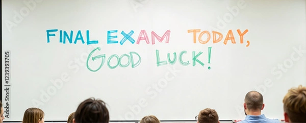 Fototapeta Students with anxious expressions preparing for final exam in classroom with inspiring message