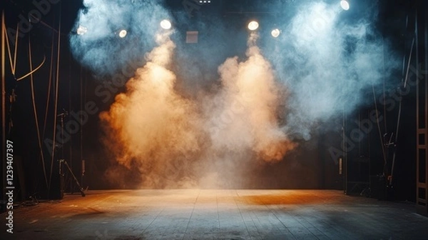 Fototapeta Theatrical stage illuminated with warm and cool spotlights