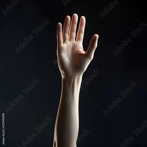 Obraz Several only human hands raising hands to answer a question or volunteer during a conference or show against a black background, creating a sense of participation and engagement