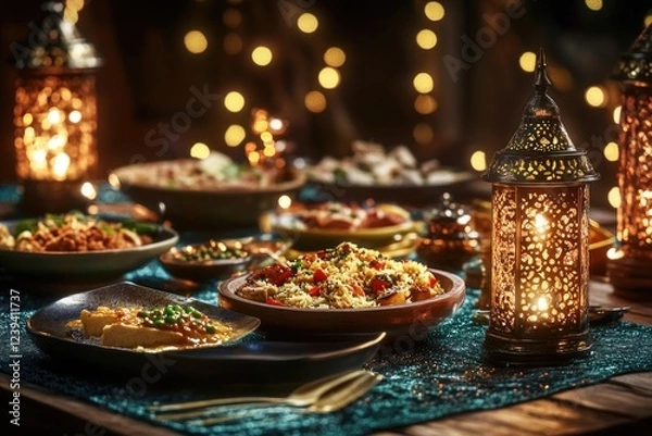 Obraz Cuisine served at a nighttime dinner party with glowing candles on tables.