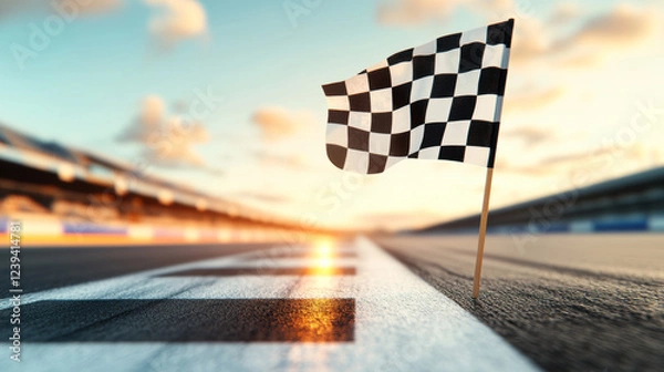 Obraz Waving Checkered Finish Flag at Racing Road During Beautiful Sunset