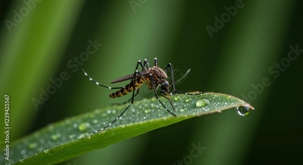 Fototapeta Close-up of mosquito on dew-covered leaf in natural habitat