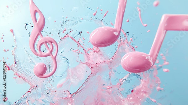 Fototapeta Pink Music Notes and Treble Clef with Soft Pastel Pink and Light Blue Ink in Water, Creative Background