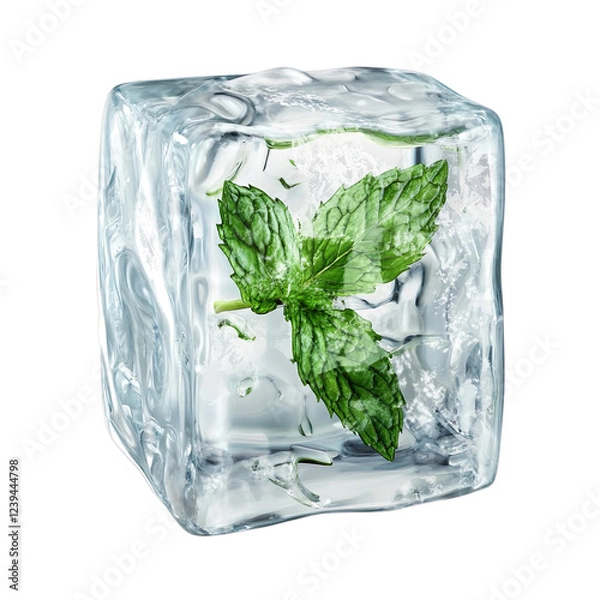 Fototapeta clear ice cube with a fresh mint leaf frozen inside, isolated on a transparent background, clean winter theme
