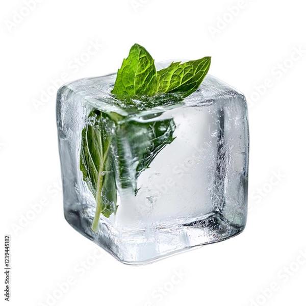 Obraz clear ice cube with a fresh mint leaf frozen inside, isolated on a transparent background, clean winter theme