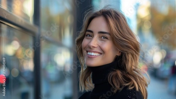 Fototapeta Empowered female in a sleek suit, smiling happily while looking to the side, in an urban outdoor environment