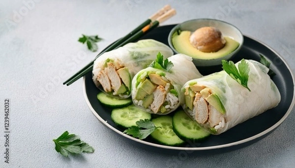Fototapeta thinly sliced chicken with cucumber and avocado chicken rice paper roll cilantro