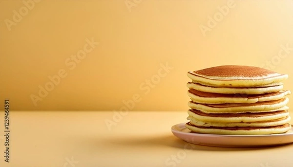 Fototapeta stack of plain pancakes on side of light yellow cream colored background with empty space for text
