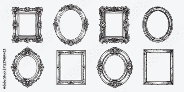 Fototapeta Hand drawn picture frames set. Sketch style highly detailed oval and rectangular wooden frames. Vintage retro wall decoration. Vector illustrations isolated on white background.