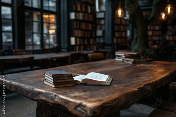 Fototapeta A table with a book open and a stack of books on it