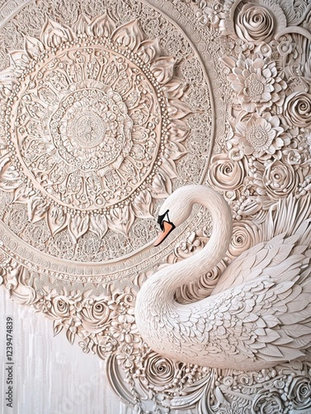 Fototapeta Intricate wall art featuring a textured swan surrounded by floral patterns in neutral tones.