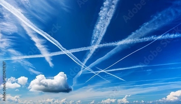Fototapeta contrails from airplanes stretch across a bright blue sky with fluffy white clouds