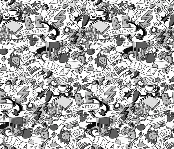 Fototapeta Creative doodles idea brainstorm gray scale seamless pattern.