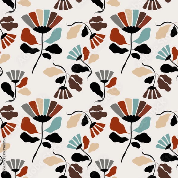 Obraz Seamless floral pattern with abstract organic shapes in brown, red, yellow, blue and black.Perfect for
fabric design, packaging and branding projects,
art prints, wallpaper and wrapping paper.