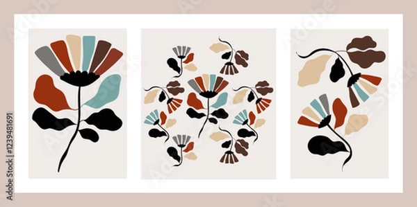 Obraz Hand drawn flowers in red, blue, grey, yellow, brown and black on a cream background. Organic floral shapes. Elegant posters or greeting cards.
Botanical background.