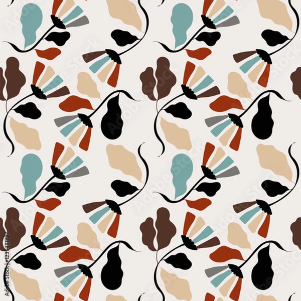 Obraz Seamless floral pattern with abstract organic shapes in brown, red, yellow, blue and black.Perfect for
fabric design, packaging and branding projects,
art prints, wallpaper and wrapping paper.