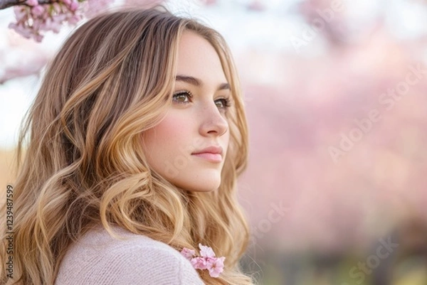 Obraz Woman with long blonde hair is standing in front of a tree with pink flowers