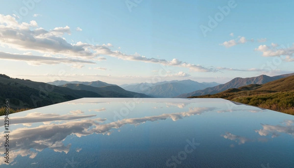Fototapeta Reflective surface on hilltop mirroring sky, illusion of infinity