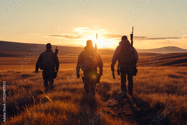 Fototapeta Three Hunters Walk Across a Grassy Field at Sunset, Carrying Rifles and Gear, Embodying Adventure, Wilderness, Survival Skills, and the Timeless Tradition of Hunting in the Vast Open Landscape.