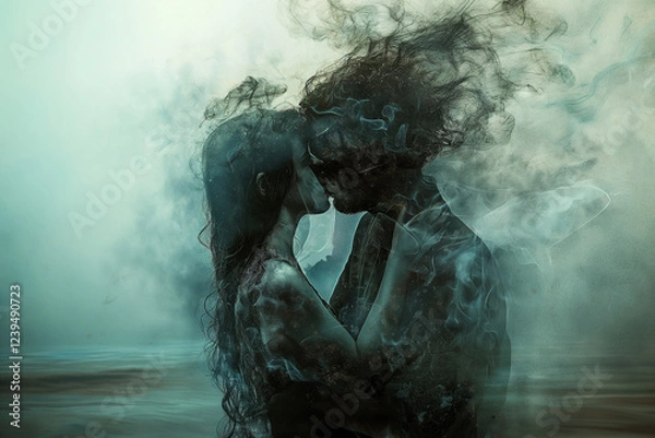 Fototapeta Surreal Artistic Depiction of a Toxic Relationship with a Couple Embracing, Dissolving into Smoke and Shadows, Symbolizing Passion, Emotional Turmoil, Dependency, and the Destructive Nature of Love.