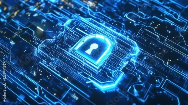 Fototapeta Cybersecurity lock on digital circuit board showing data protection process