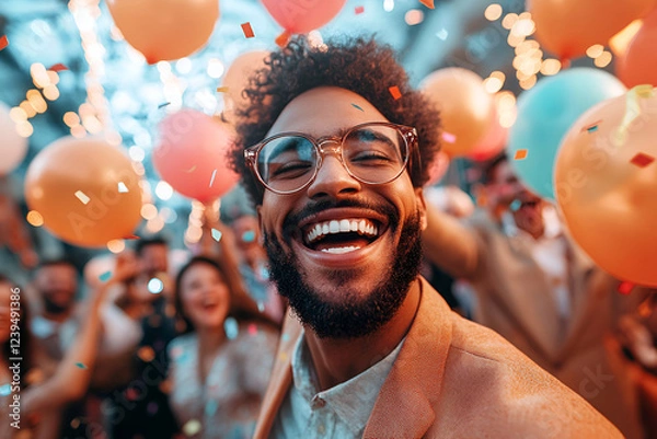 Fototapeta Joyful celebration with smiling man at corporate party among colorful balloons and confetti, Employee Appreciation Day