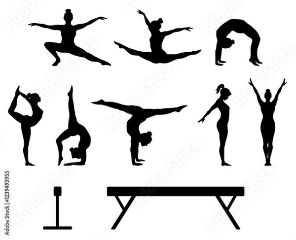 Fototapeta Gymnastics Acrobat Silhouette Poses Clipart with Balance Beams on a Transparent Background