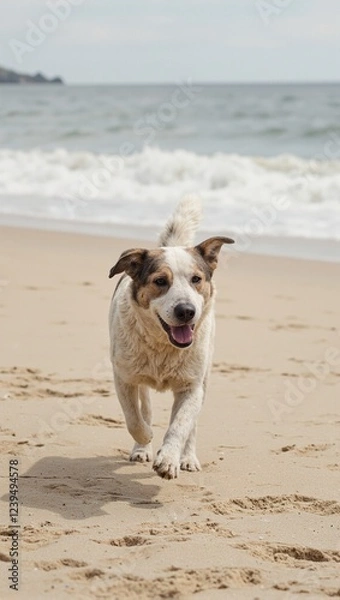 Fototapeta Energetic dog sprinting on sandy shore
