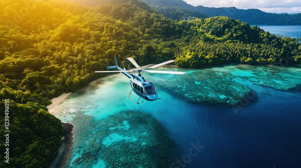 Fototapeta Helicopter Flying Low Over a Stunning Tropical Island, Showcasing Turquoise Waters and Lush Greenery in a Paradise-Like Aerial View