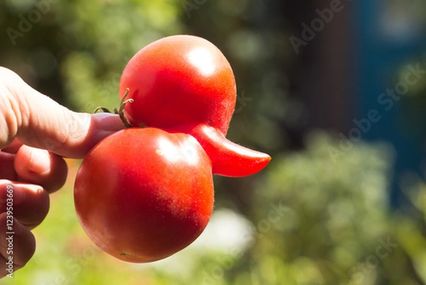 Obraz Aberrant Tomato. Funny deformed ripe tomato in a woman's hand