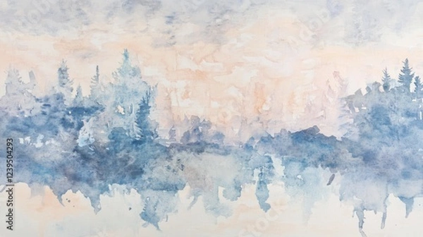Fototapeta Abstract watercolor painting of a misty forest landscape with soft colors and serene mood