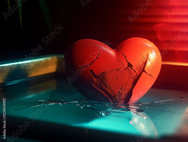 Fototapeta Cracked red heart on shattered glass