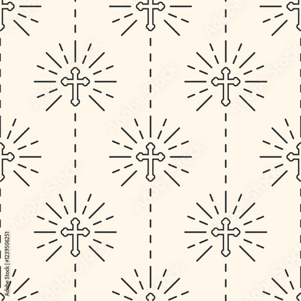Fototapeta Black christian outline crosses on ivory background. Vector seamless pattern.