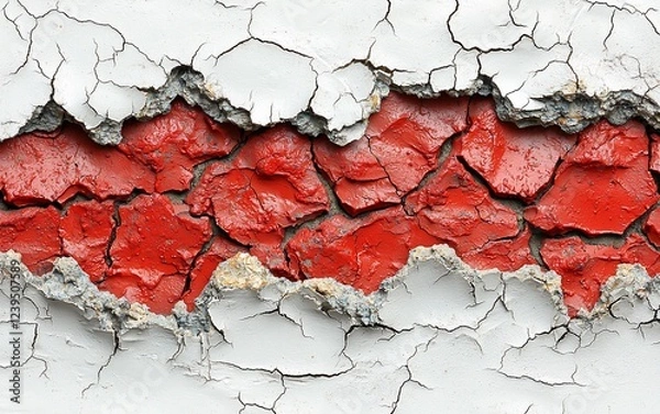 Fototapeta Cracked red paint on weathered wall; abstract texture background