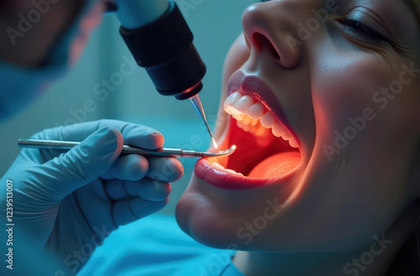 Fototapeta Female patient undergoes laser dental treatment with dentist utilizing modern technology