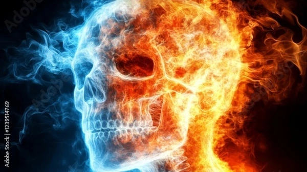 Fototapeta Fiery Skull: A mesmerizing blend of ice and fire, creating a skull engulfed in contrasting flames.
