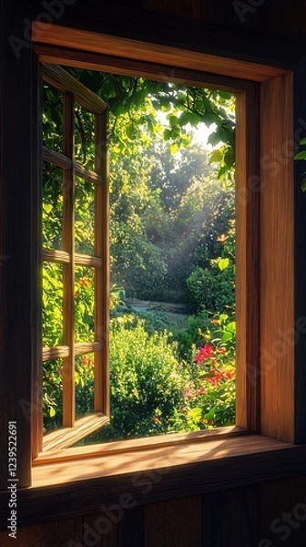 Fototapeta Window view of garden at day; possible use nature ad