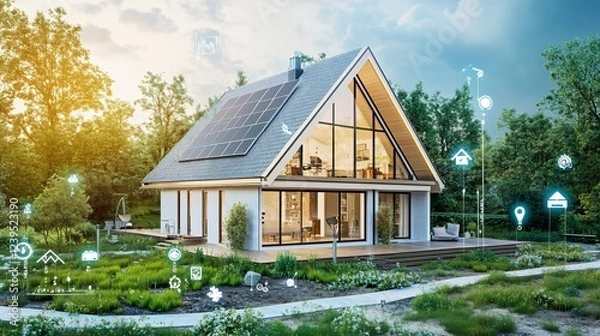 Fototapeta Modern Smart Home with Solar Panels and Integrated Technology surrounded by lush greenery