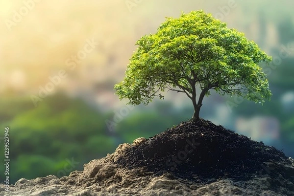 Fototapeta Lush Green Sapling Tree Growing on Hilltop Environmental Conservation Nature Photography