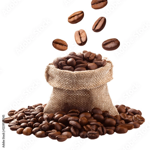 Fototapeta Coffee beans falling from the sky are piled up in bags on the floor.