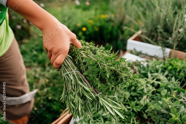 Obraz Harvesting fresh herbs in a vibrant garden during the summer season
