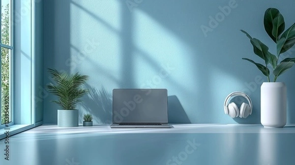 Fototapeta workspace features laptop and headphones placed on clean white desk soft blue lighting. Natural elements like plants add calming touch serene atmosphere of setting.