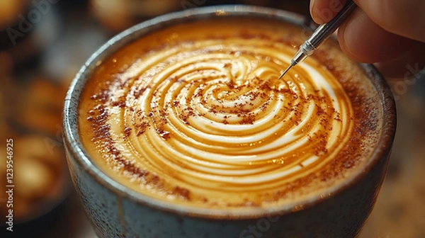 Fototapeta Barista Skillfully Creating Intricate Latte Art in a Cozy Cafe Setting in the Afternoon
