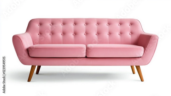 Fototapeta Modern pink sofa with button tufting, showcasing elegant design and wooden legs in minimalist setting