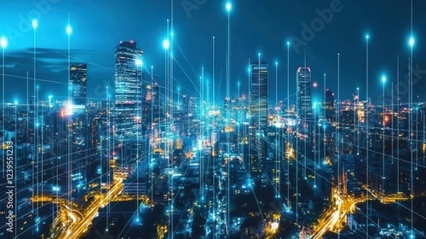 Fototapeta Connected city at night with illuminated network lines forming a data matrix